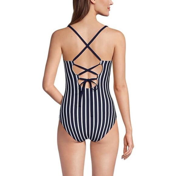 Lands End Lace Up One-Piece Swimsuit Womens 12 Blue & White Beach Resort Cruise - Picture 3 of 13